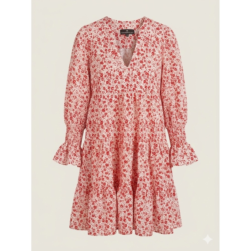 Pomander Place Red Floral Tiered Mini Dress Smocked Cuff V-Neck XS Y220570HQT